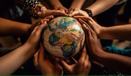 A group of people holding hands around the globe.